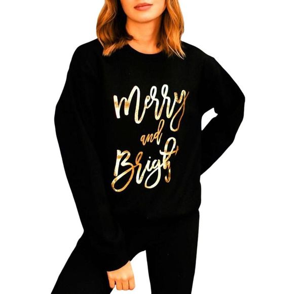Azura Exchange  Black  Merry & Bright Letter Print Pullover Sweatshirt - Picture 9 of 10